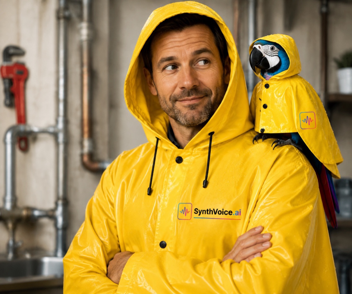 Jack and Ringo in matching yellow rain slickers inside a plumbing workshop