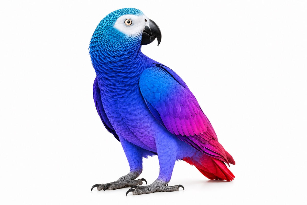 Ringo the SynthVoice parrot, looking at you expectantly