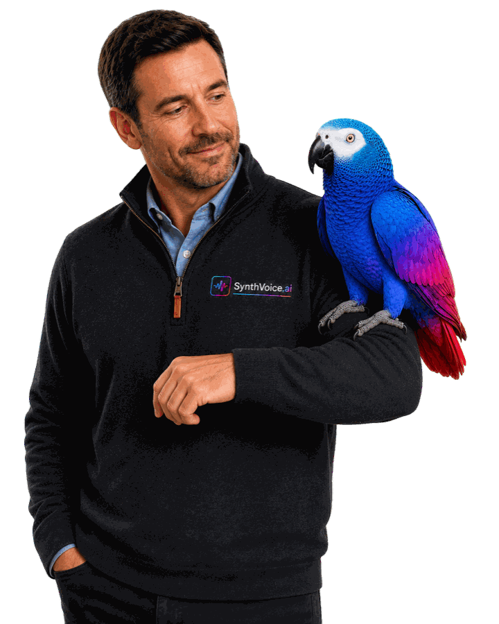 Jack chatting with Ringo, the SynthVoice parrot, perched on his arm