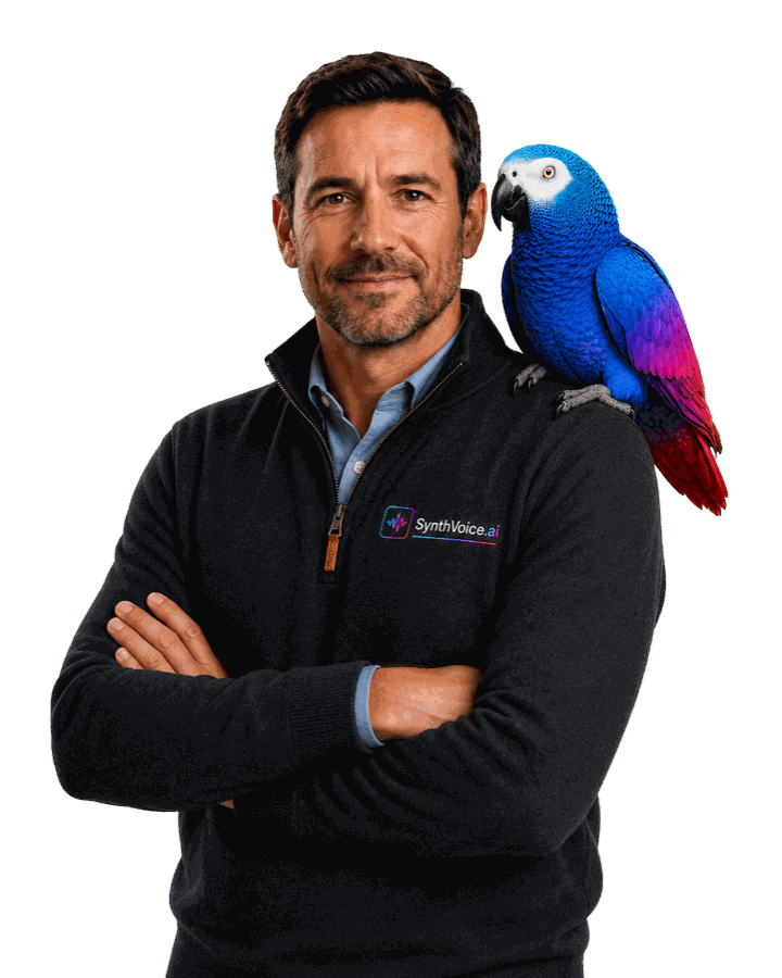 Jack, from the SynthVoice team, with Ringo the parrot on his shoulder