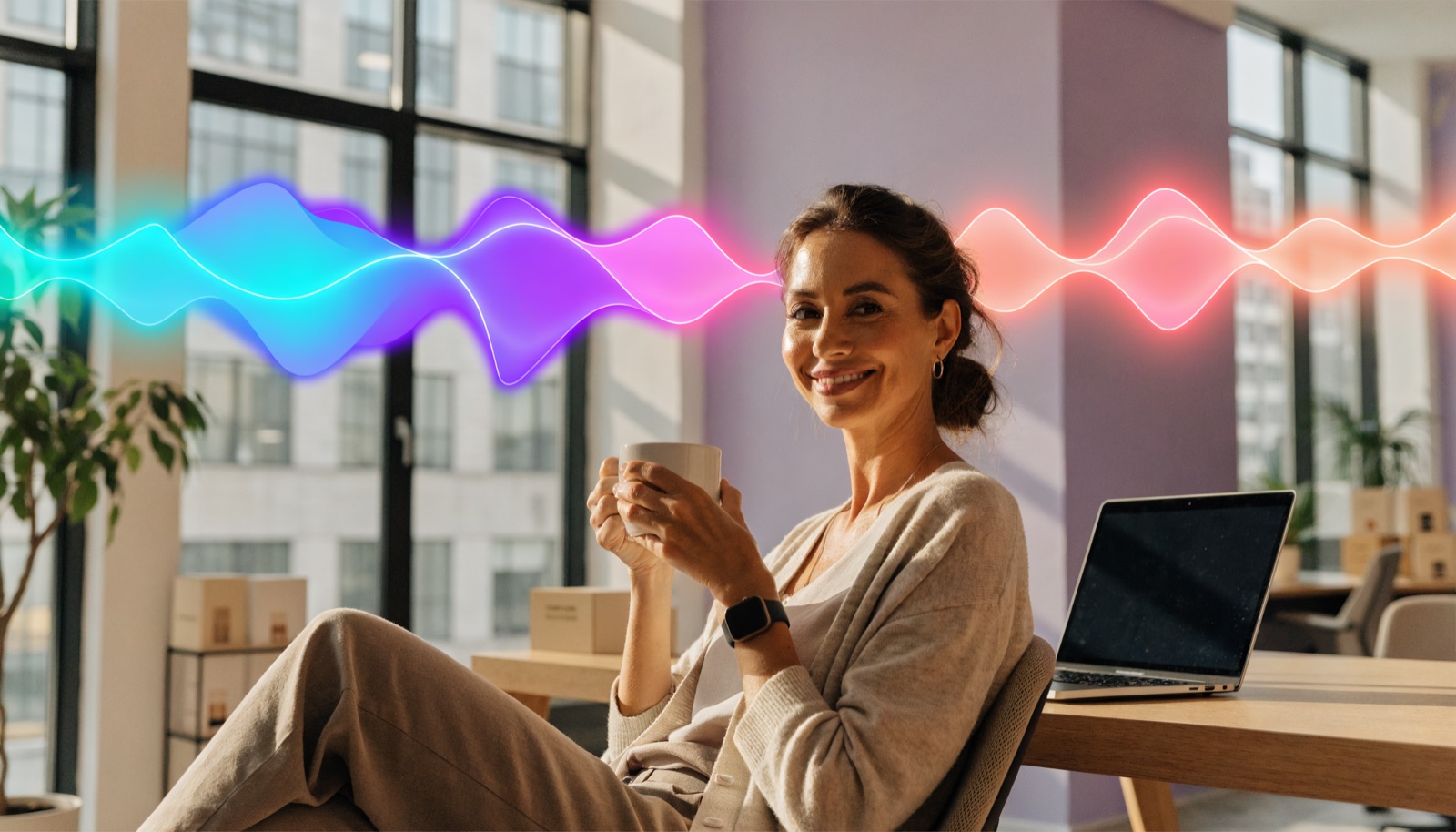 DTC customer support manager smiling at desk with SynthVoice waveform