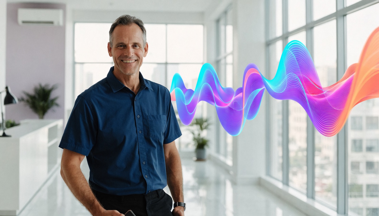HVAC service company owner smiling with SynthVoice waveform in a modern service office