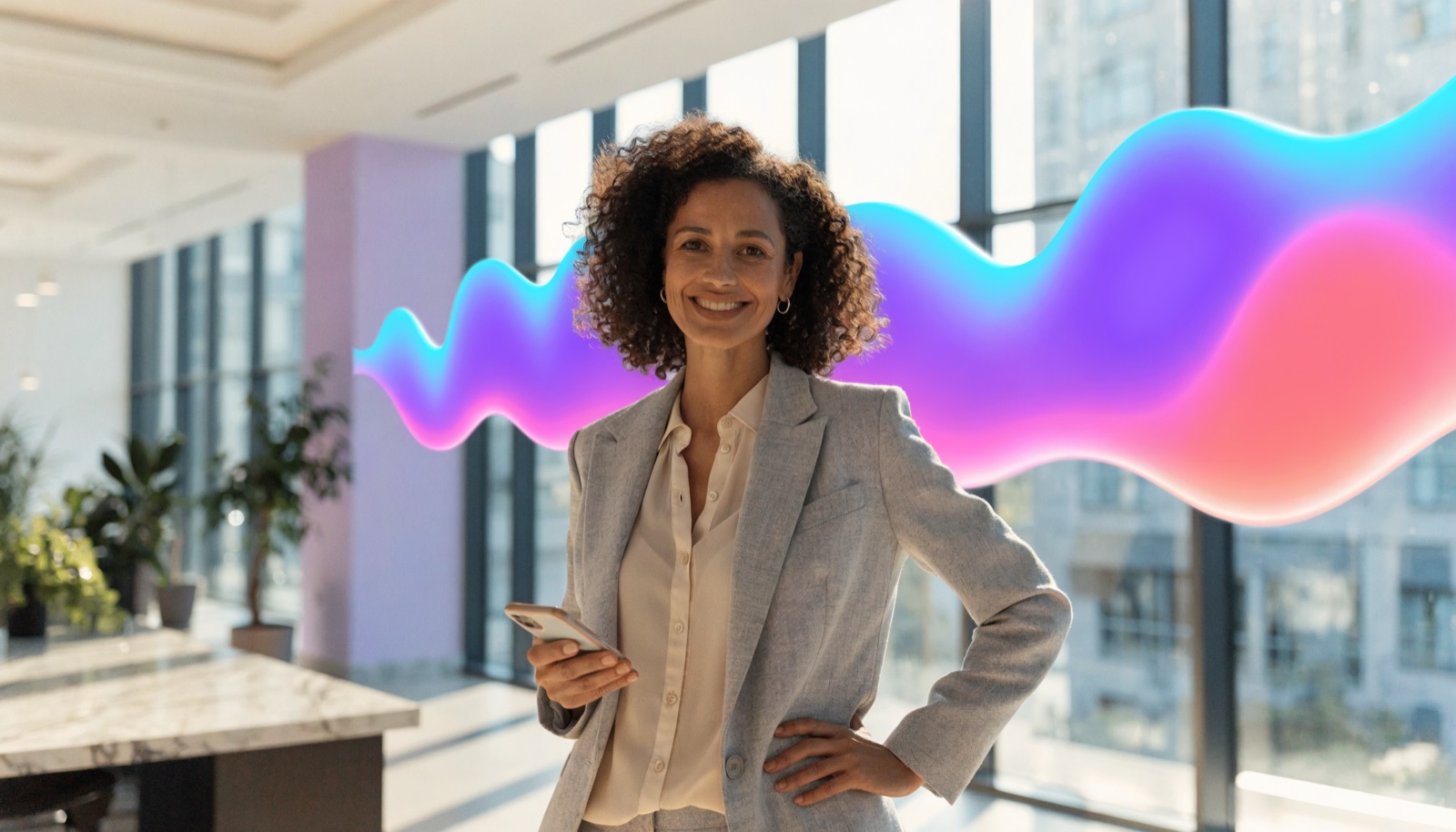 Leasing manager smiling at desk with SynthVoice waveform in a bright modern property management office