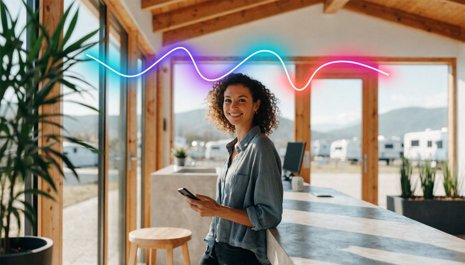 RV park front desk manager smiling with SynthVoice waveform in a bright welcome center