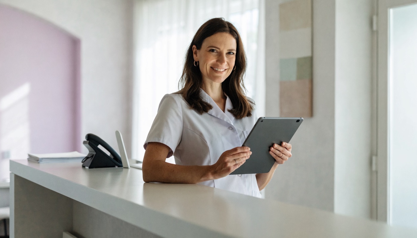 Dental office receptionist smiling at the front desk