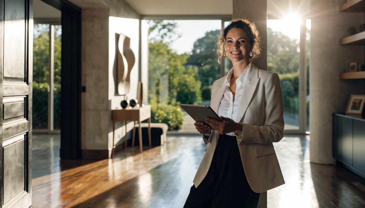 Real estate agent smiling in a modern home foyer