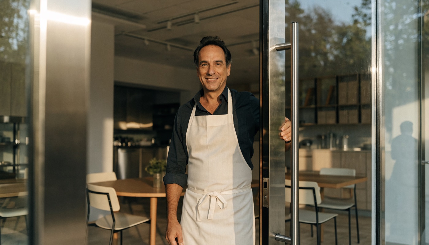 Restaurant owner smiling in his contemporary dining room
